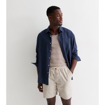 Men's Pale Grey Linen-Cotton Stripe Print Drawstring Shorts Only and Sons New Look
