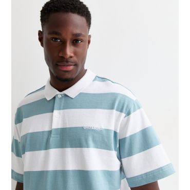 Men's Pale Blue Cotton Stripe Print Short Sleeve Polo Shirt Only and Sons New Look