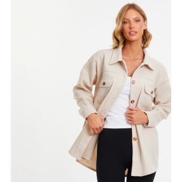 Women's Stone Double Pocket Shacket Quiz New Look