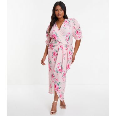 Women's Plus Size Pink Floral Wrap Front Midi Dress Curves Quiz New Look