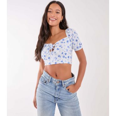 Women's Blue Floral Puff Sleeve Crop Top Pink Vanilla New Look