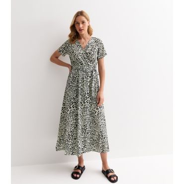 Women's Stone Leopard Print Wrap Midi Dress Gini London New Look