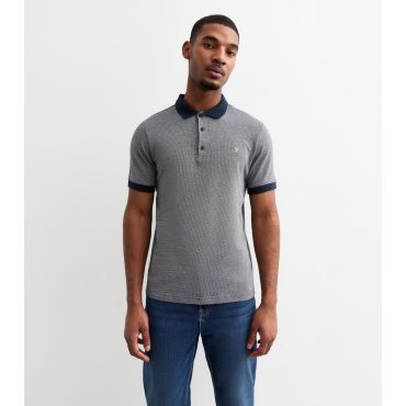Men's Navy Woven Jacquard Cotton Polo Shirt Farah New Look