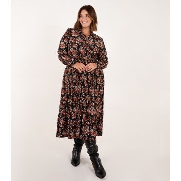 Women's Plus Size Brown Floral Midi Dress Curves Blue Vanilla New Look