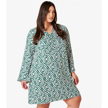 Women's Plus Size Green Geometric Print Flared Sleeve Mini Dress Curves Apricot New Look