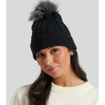 Black Cable Knit Pom Pom Beanie Hat South Beach New Look