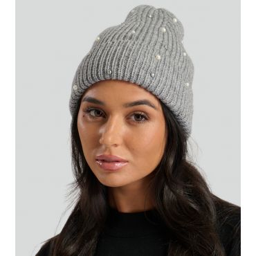 Grey Embellished Ribbed Beanie Hat South Beach New Look