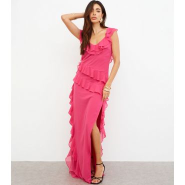 Women's Mid Pink Chiffon Ruffle Detail Maxi Dress WKNDGIRL New Look