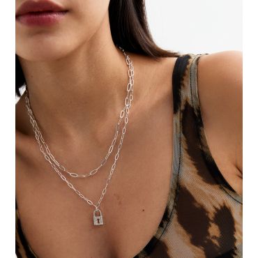 Silver Tone Double Chain Padlock Charm Necklace New Look