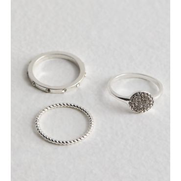 3 Pack Silver Tone Diamante Stacking Rings New Look