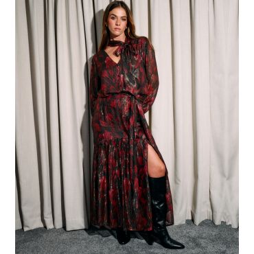 Women's Red Metallic Crepe Floral Print Maxi Skirt Finding Friday New Look