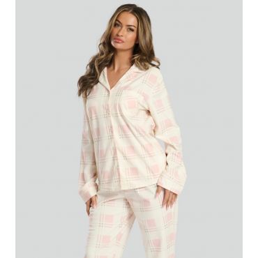 Women's Pink Micro Fleece Check Button Front Pyjama Set Loungeable New Look