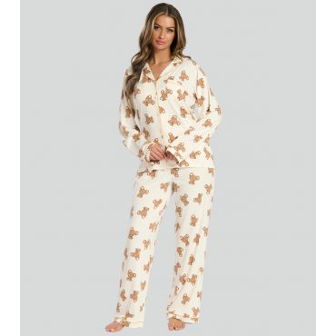 Women's Cream Teddy Bear Print Pyjama Set Loungeable New Look
