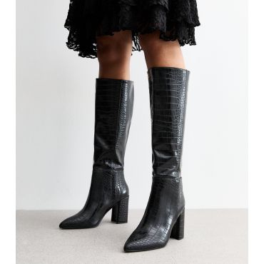 Women's Black Croc Effect Faux Leather Knee High Boots Public Desire New Look