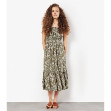 Women's Olive Floral Print Tiered Hem Midi Dress Apricot New Look