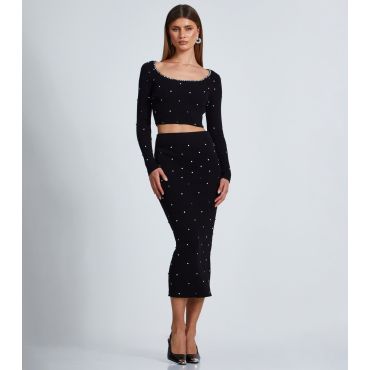 Women's Black Diamante Embellished Ribbed Midi Skirt Quiz New Look