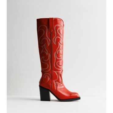 Women's Austine Red Leather-Look Embroidered Knee High Cowboy Boots Public Desire New Look