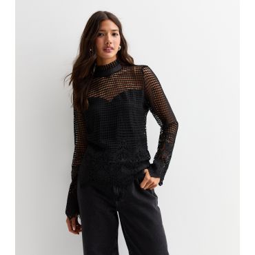 Women's Black Crochet High Neck Top Cameo Rose New Look