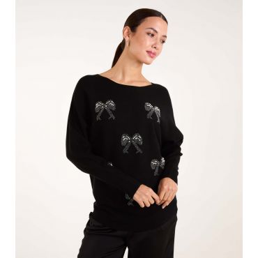 Women's Black Bow Pearl Detail Jumper Blue Vanilla New Look