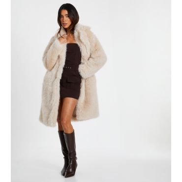 Women's Cream Fur Long Coat Quiz New Look