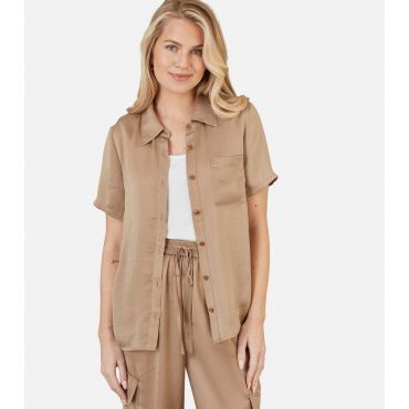 Women's Stone Wooden Button Pocket Front Shirt Yumi New Look