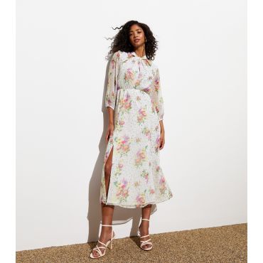 Women's White Floral Print Knot Neck Midi Dress Cutie London New Look