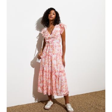 Women's White Spot Print Ruffle Tiered Midi Dress Cutie London New Look