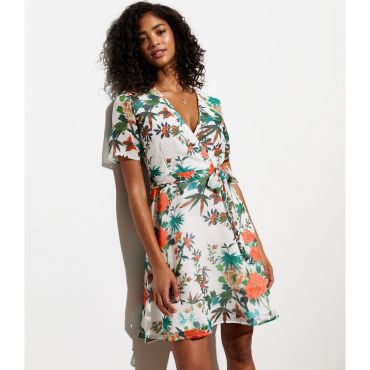 Women's White Floral Print Wrap Mini Dress Cutie London New Look