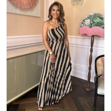 Women's Beige Striped One Shoulder Midaxi Dress AX Paris New Look