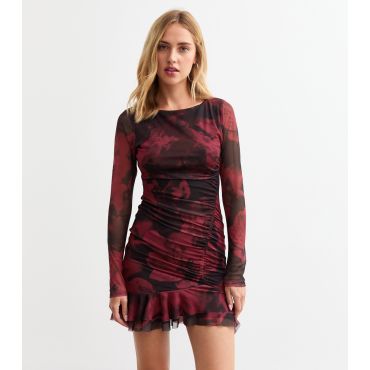 Women's Red Floral Print Ruffled Mesh Mini Dress New Look