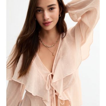 Women's Pale Pink Chiffon Ruffle Trim Tie Front Blouse New Look