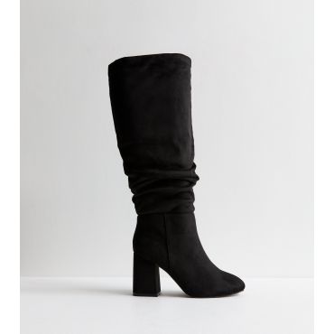 Women's Black Suedette Slouchy Knee High Boots Vegan New Look