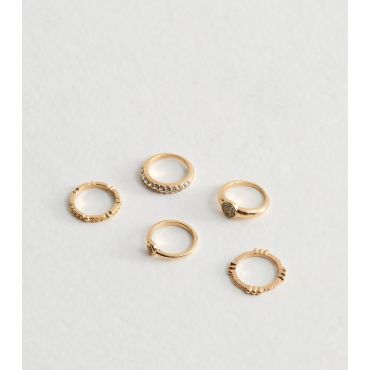 Pack of 5 Gold Tone Diamanté Rings New Look