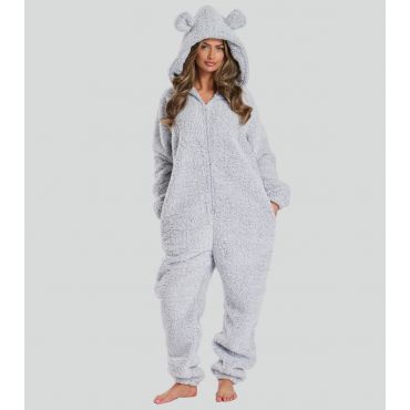 Women's Silver Borg Onesie with Ears Loungeable New Look