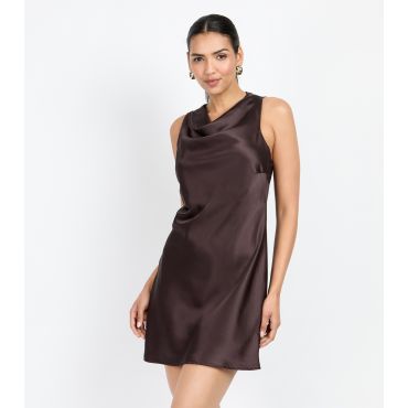 Women's Chocolate Satin Drape Neck Mini Dress Little Mistress New Look