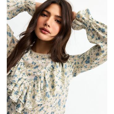 Women's White Floral Print Frill Yoke Shirt New Look