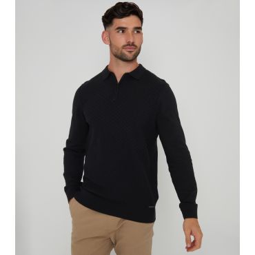 Men's Black Regular Quarter Zip Knit Polo Jumper Threadbare New Look