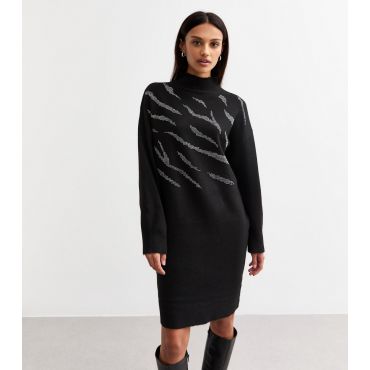 Women's Black Sequinned Zebra Pattern Jumper Dress Sunshine Soul New Look