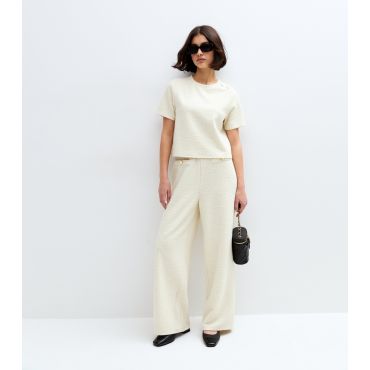Women's Cream Textured Button Detail Wide Leg Trousers New Look