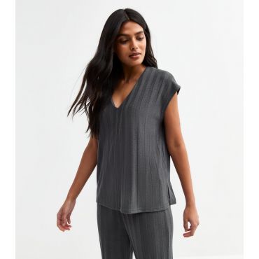 Women's Dark Grey Wide Rib V-Neck Top New Look