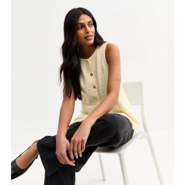 Women's Light Yellow Boucle Crew Neck Button Up Waistcoat New Look