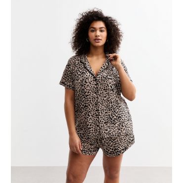 Women's Plus Size Brown Leopard Print Pyjama Set Curves New Look