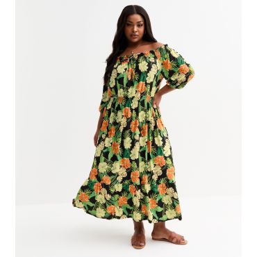 Women's Curve Yellow Floral Print Bardot Midi Dress Blue Vanilla New Look