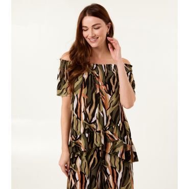 Women's Light Khaki Plisse Printed Bardot Top Blue Vanilla New Look