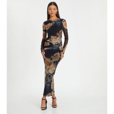 Women's Black Diamanté Floral Mesh Midaxi Dress Quiz New Look
