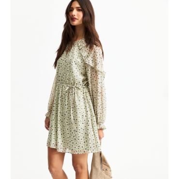 Women's Green Floral Print Chiffon Mini Dress New Look