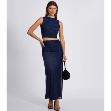 Women's Navy Mesh Sparkle Midaxi Skirt Quiz New Look