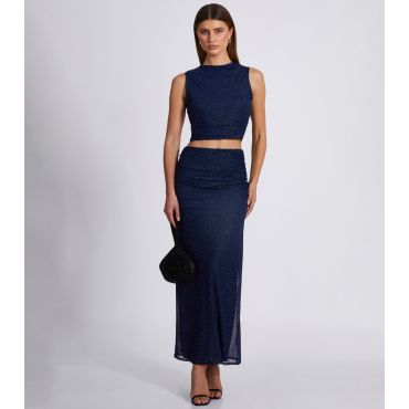 Women's Navy Sparkle Mesh High Neck Crop Top Quiz New Look