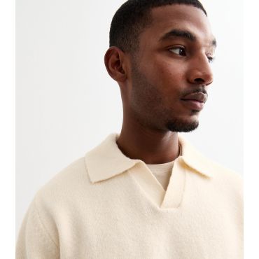 Men's Cream Relaxed Polo Collar Jumper Jack & Jones New Look
