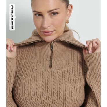 Women's by Zara McDermott Tan Cable Knit Quarter Zip Jumper Rise New Look